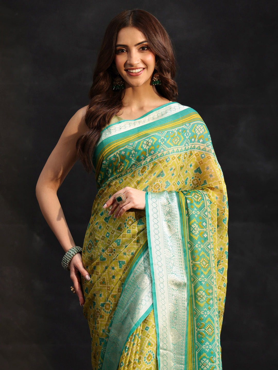 Libas Sea Green Patola Printed Chiffon Saree