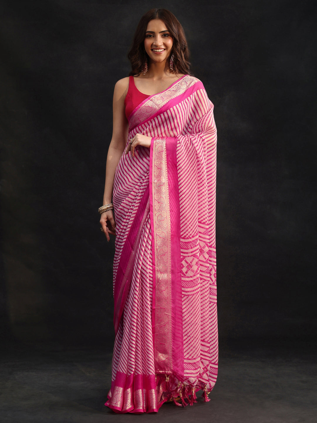 Libas Hot Pink Striped Chiffon Saree with Paisley Border