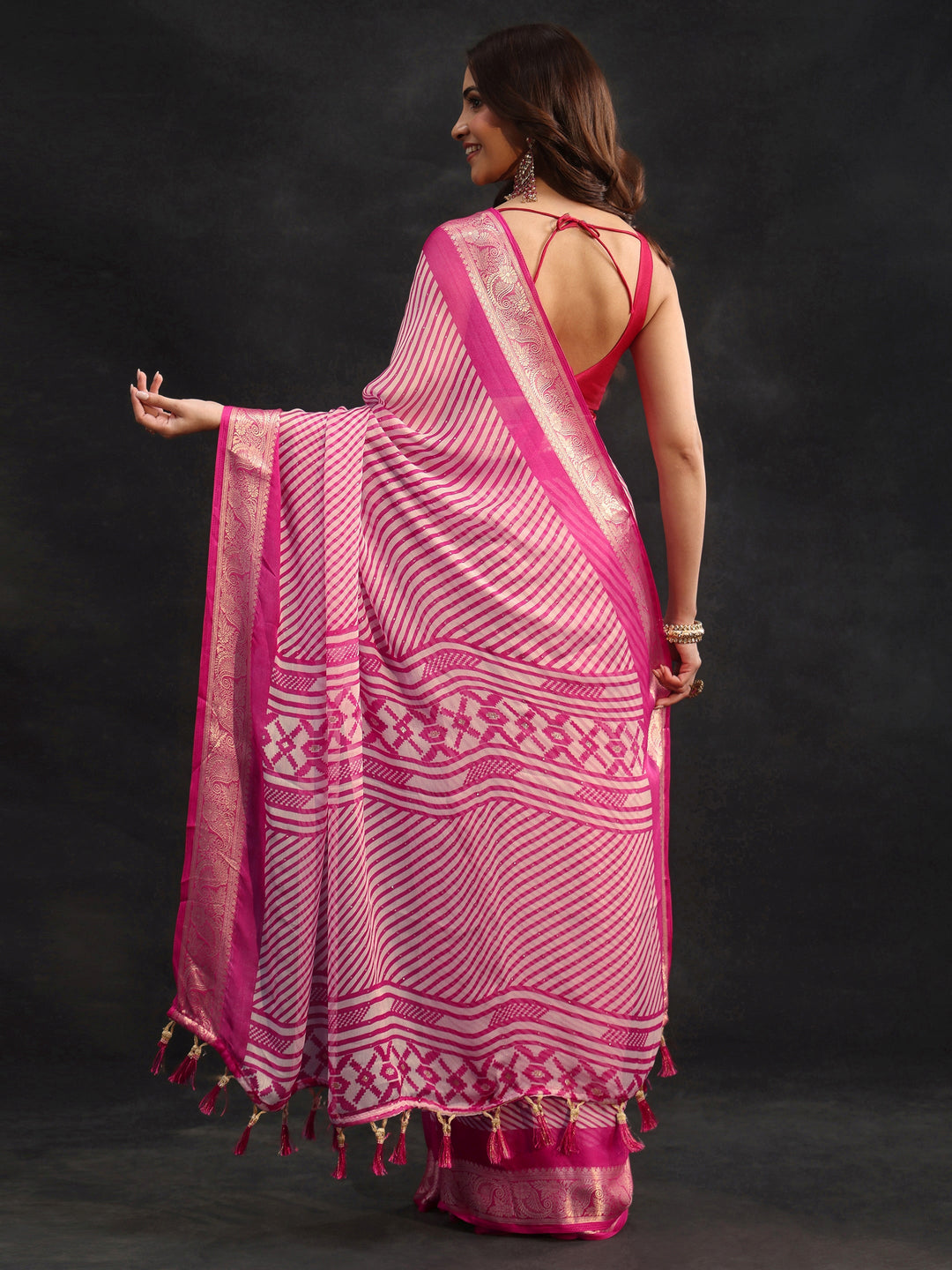 Libas Hot Pink Striped Chiffon Saree with Paisley Border