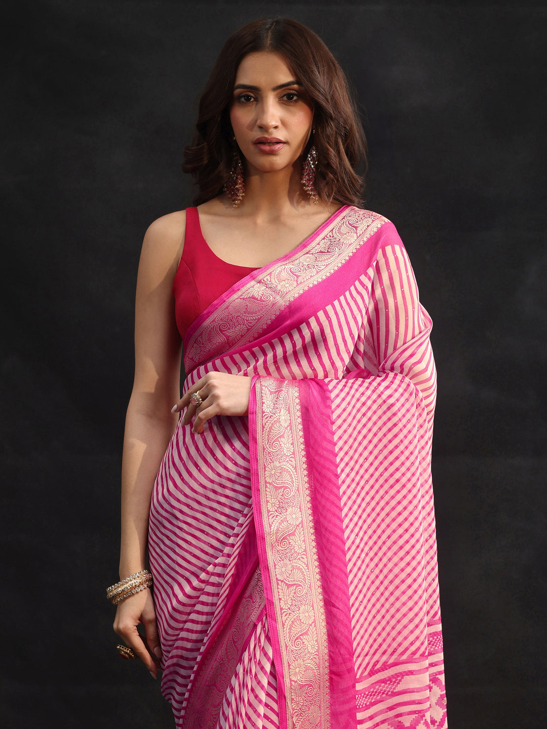 Libas Hot Pink Striped Chiffon Saree with Paisley Border