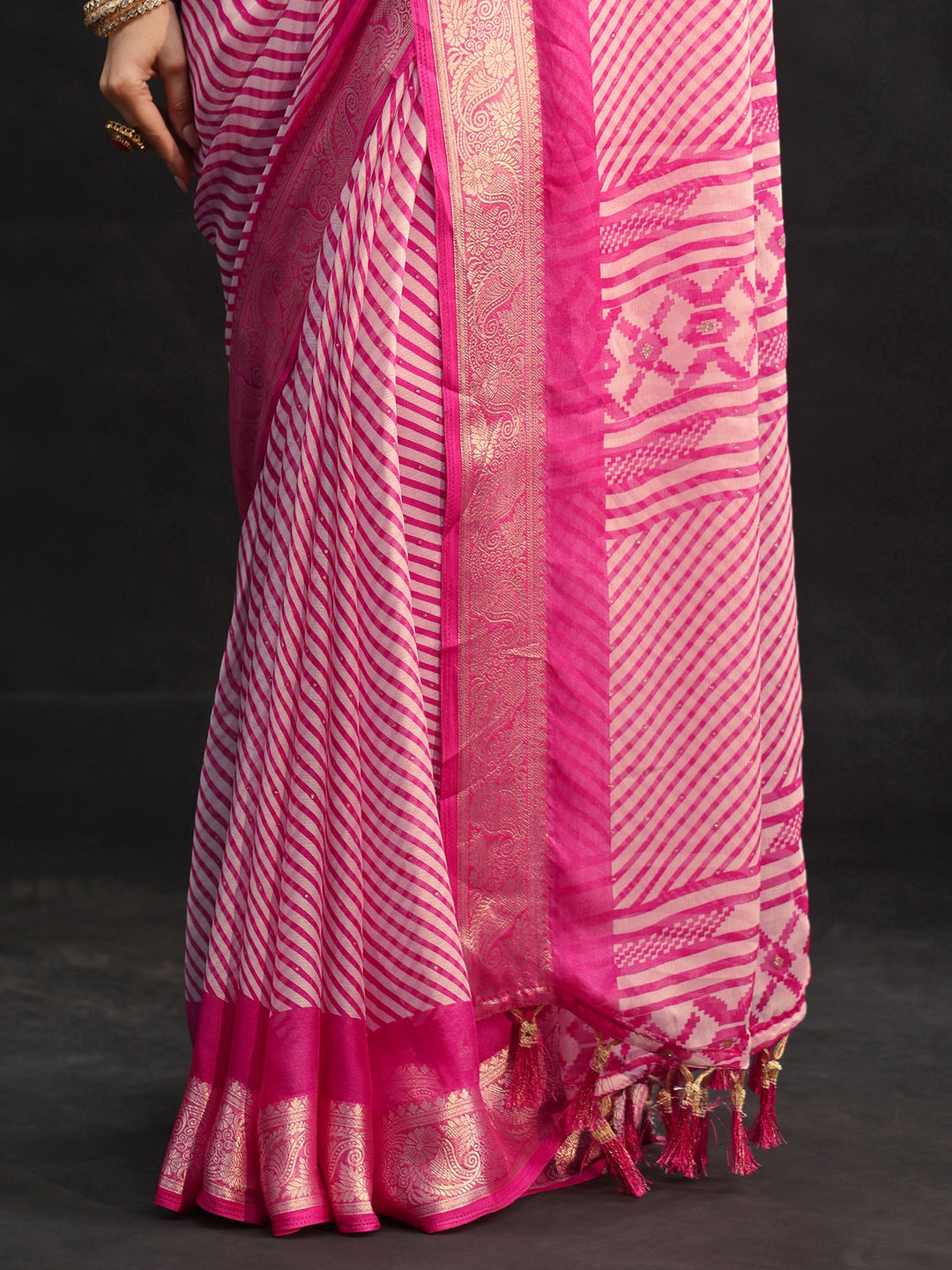 Libas Hot Pink Striped Chiffon Saree with Paisley Border
