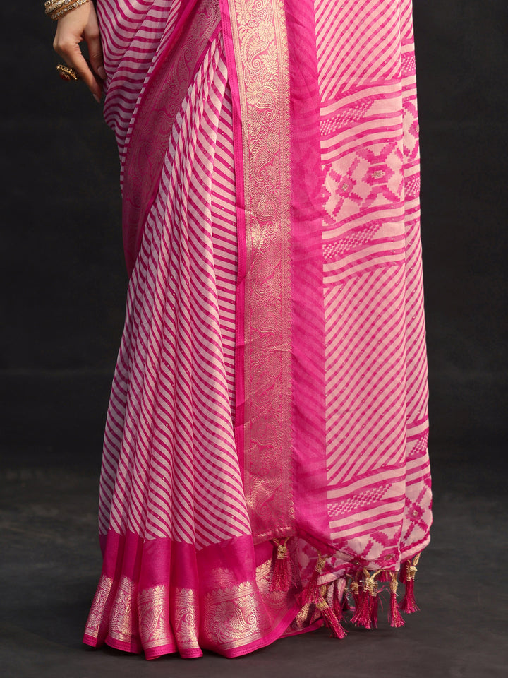 Libas Hot Pink Striped Chiffon Saree with Paisley Border