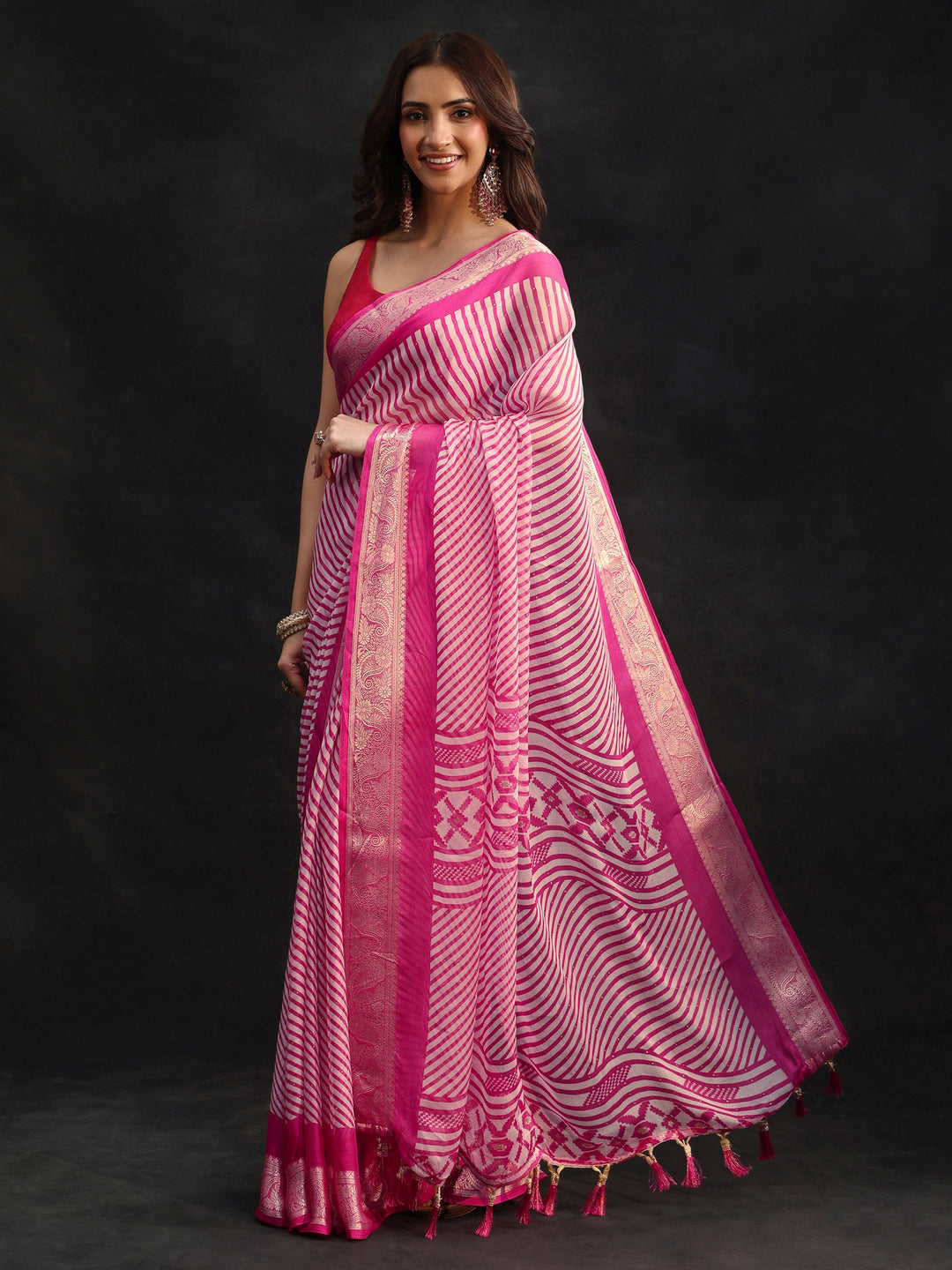 Libas Hot Pink Striped Chiffon Saree with Paisley Border
