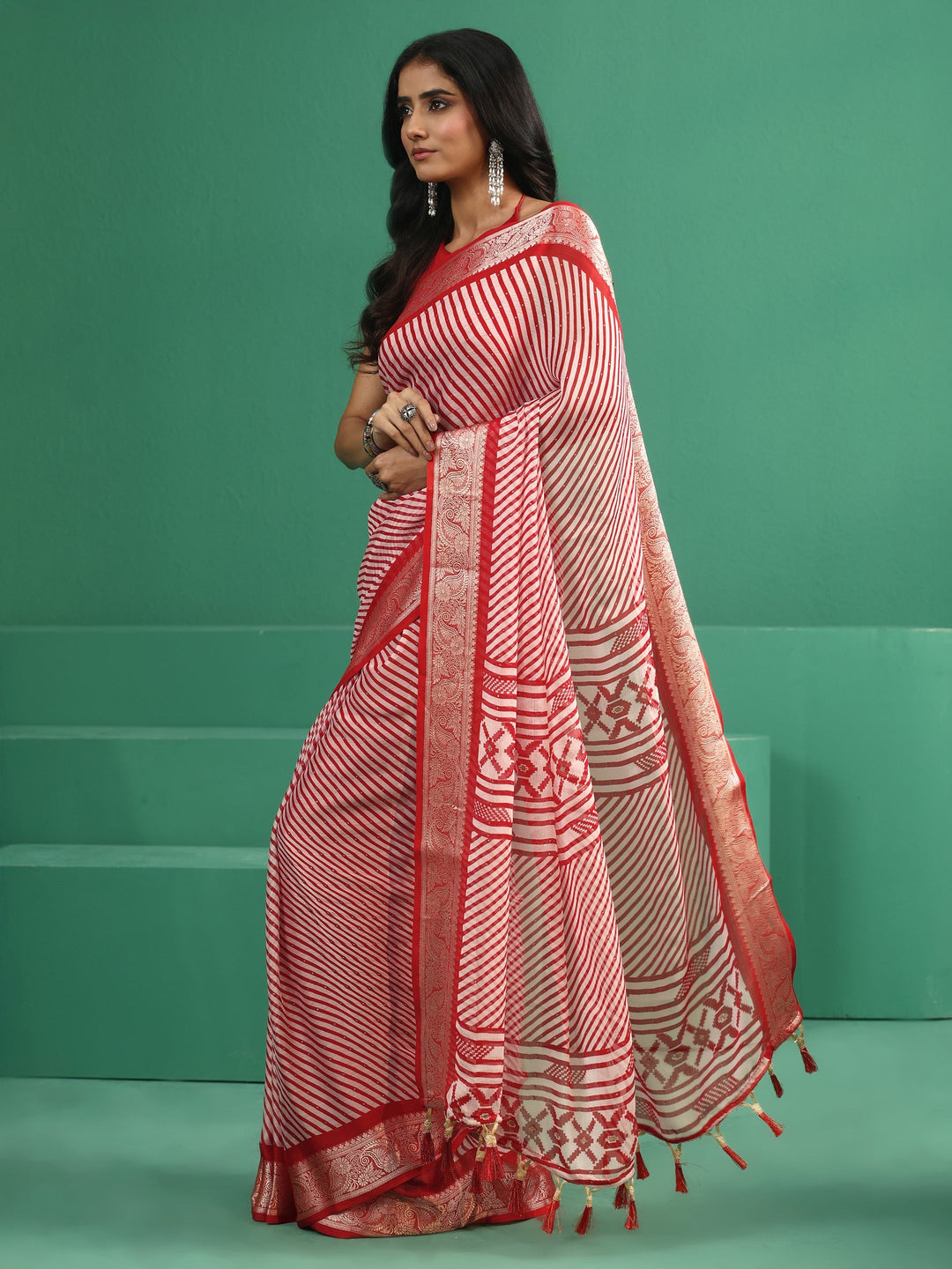 Libas Red Striped Chiffon Saree