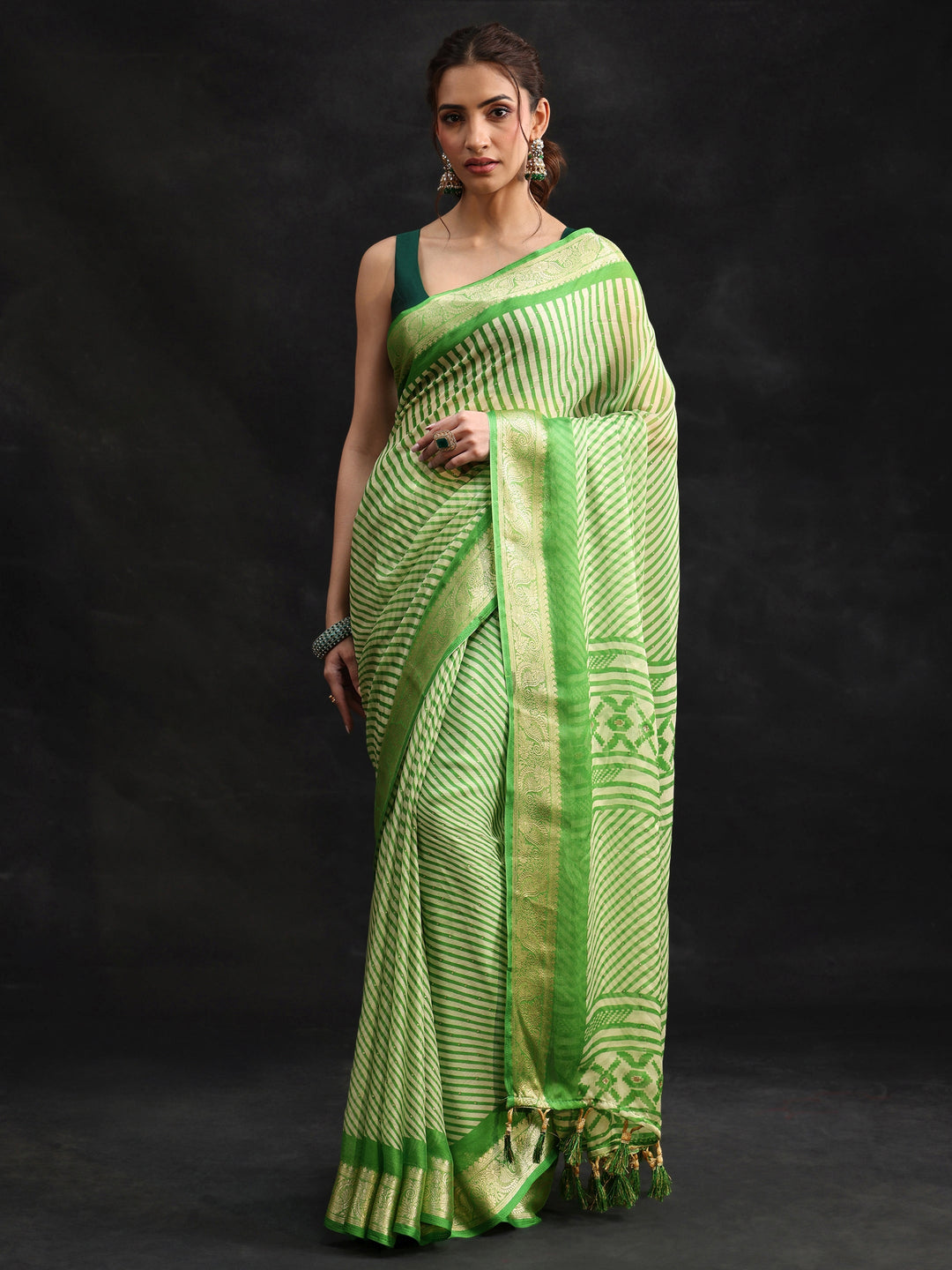 Libas Forest Green Striped Chiffon Saree with Paisley Border