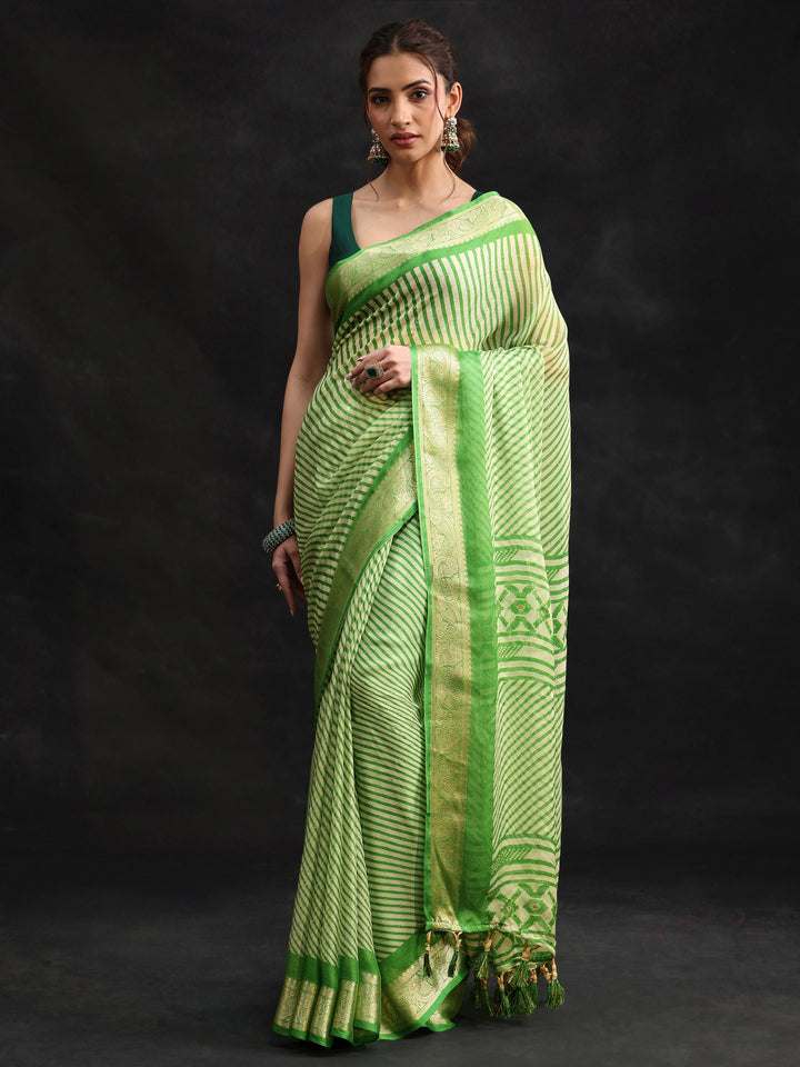 Libas Forest Green Striped Chiffon Saree with Paisley Border