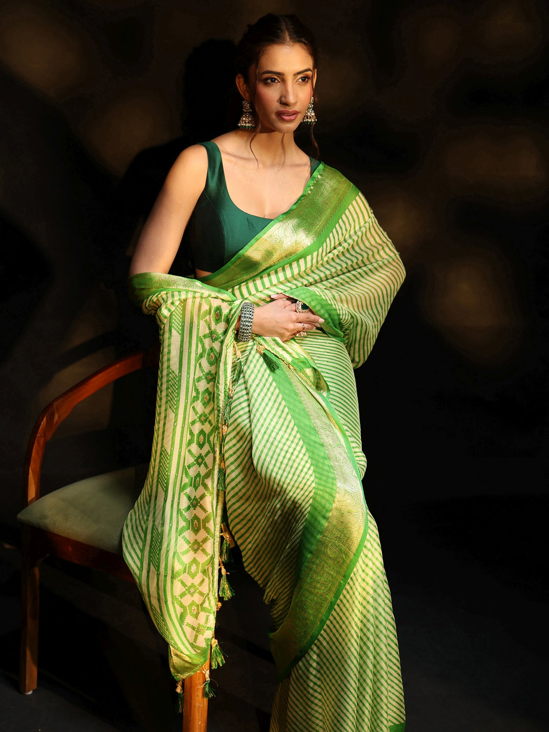 Libas Forest Green Striped Chiffon Saree with Paisley Border