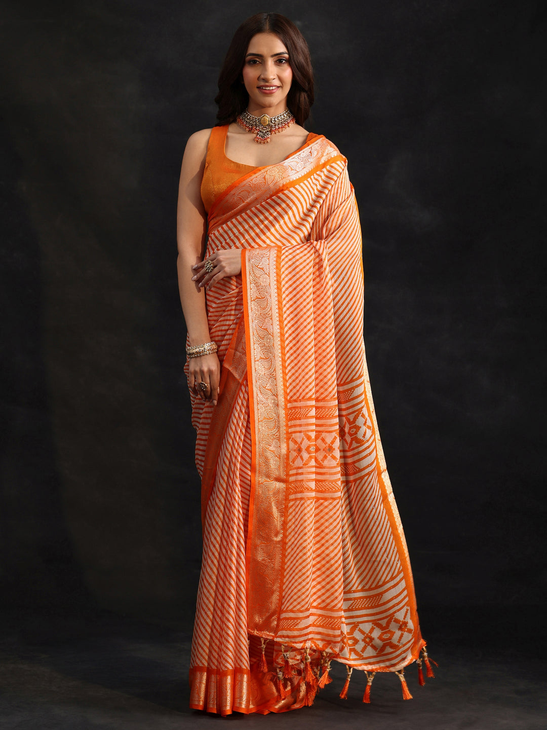 Libas Orange Striped Chiffon Saree with Paisley Border