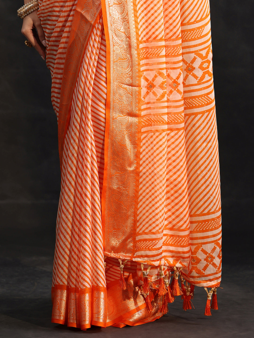 Libas Orange Striped Chiffon Saree with Paisley Border