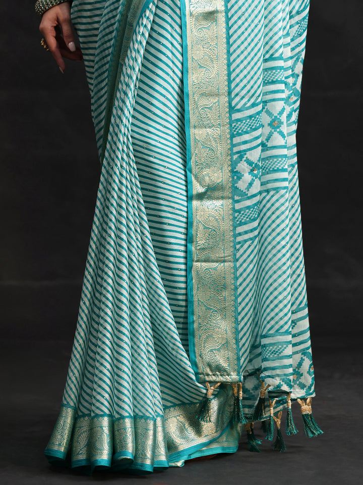 Libas Cyan Blue Striped Chiffon Saree with Paisley Border
