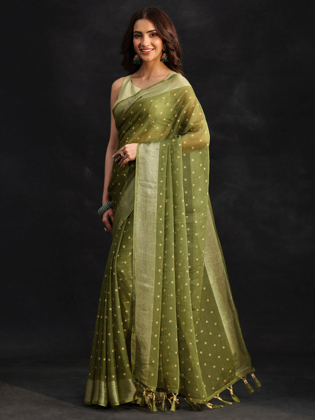 Libas Moss Green Floral Printed Chiffon Saree