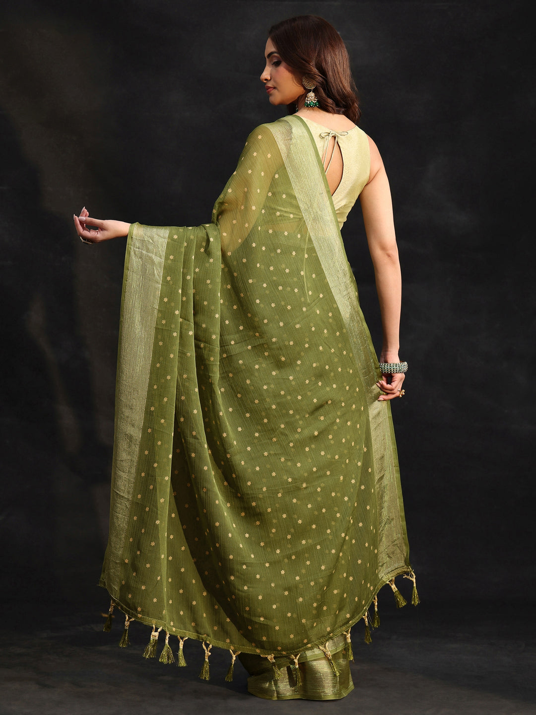 Libas Moss Green Floral Printed Chiffon Saree