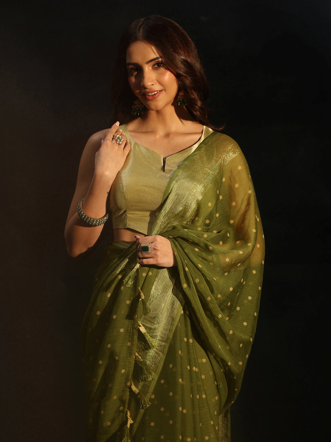 Libas Moss Green Floral Printed Chiffon Saree