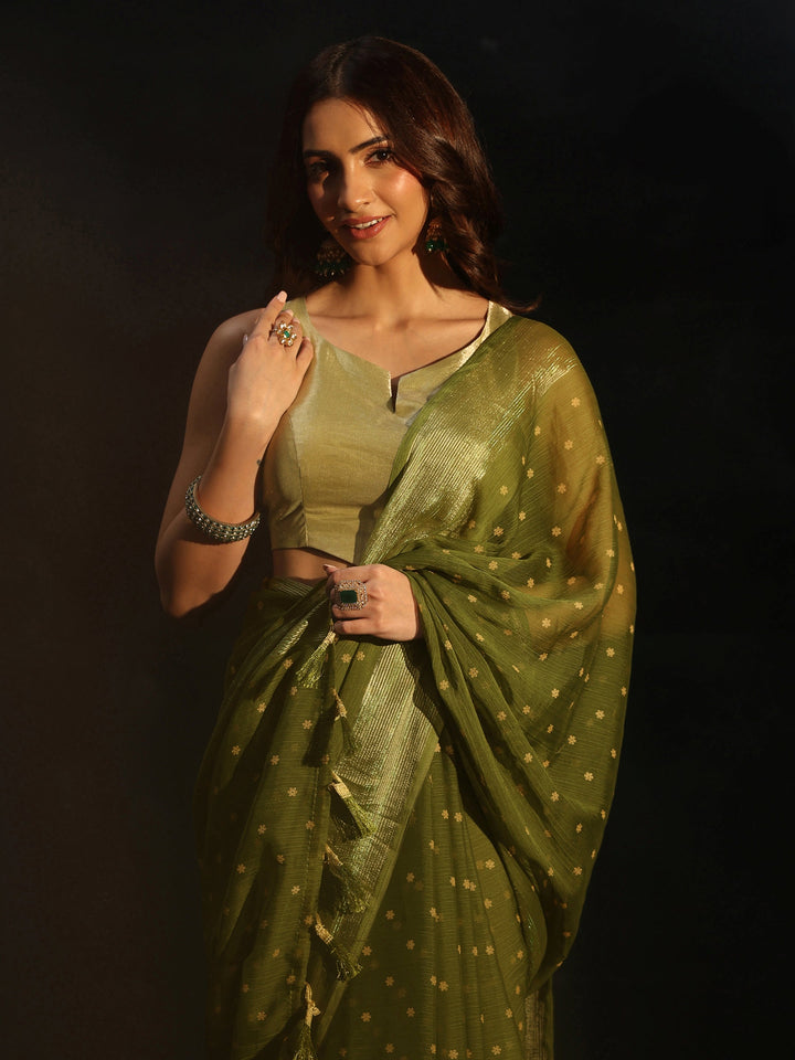 Libas Moss Green Floral Printed Chiffon Saree