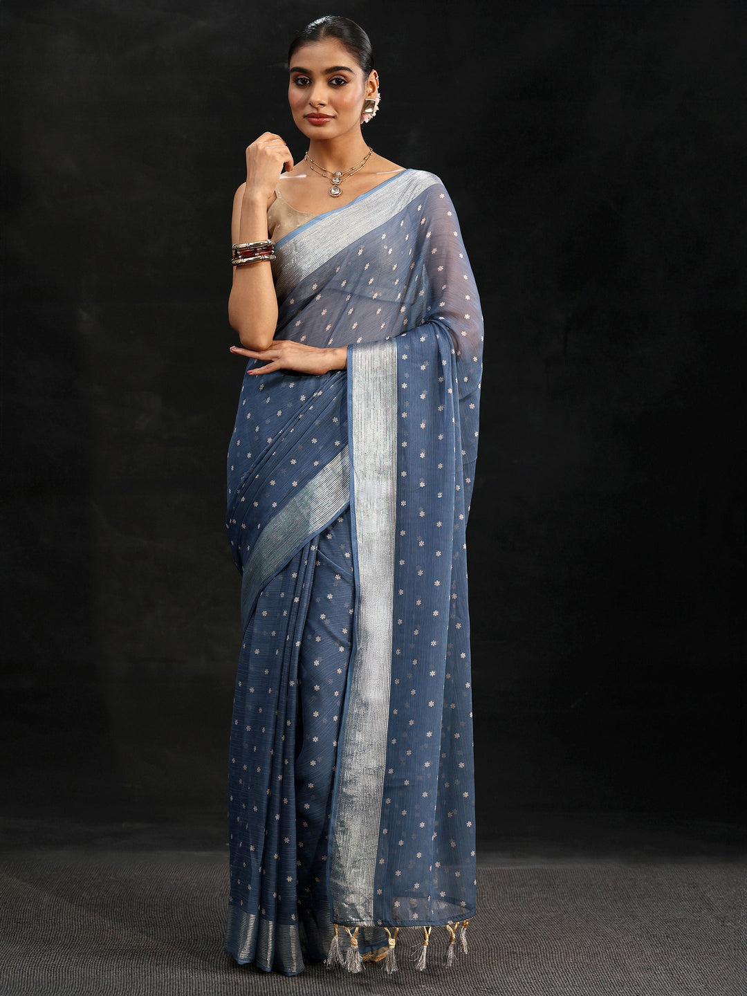 Libas Steel Blue Floral Printed Chiffon Saree