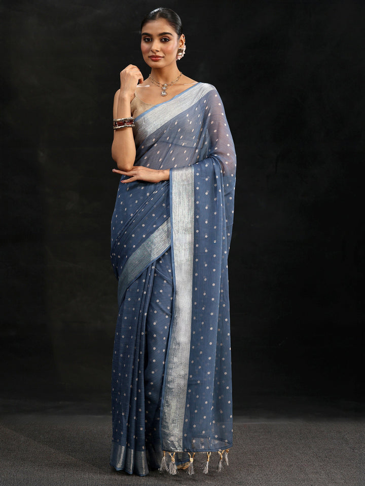 Libas Steel Blue Floral Printed Chiffon Saree