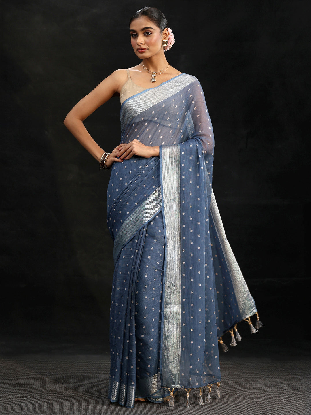 Libas Steel Blue Floral Printed Chiffon Saree
