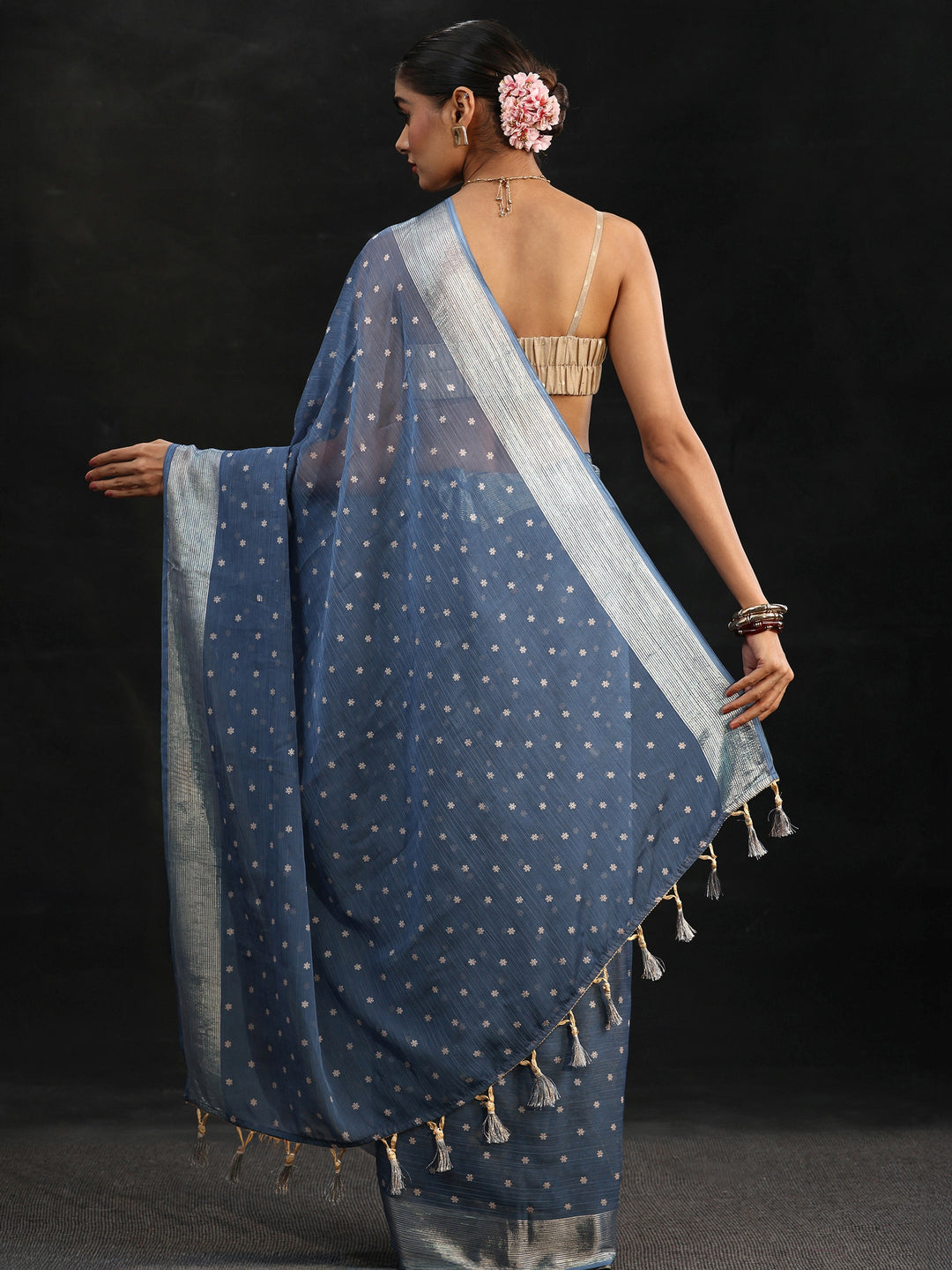 Libas Steel Blue Floral Printed Chiffon Saree