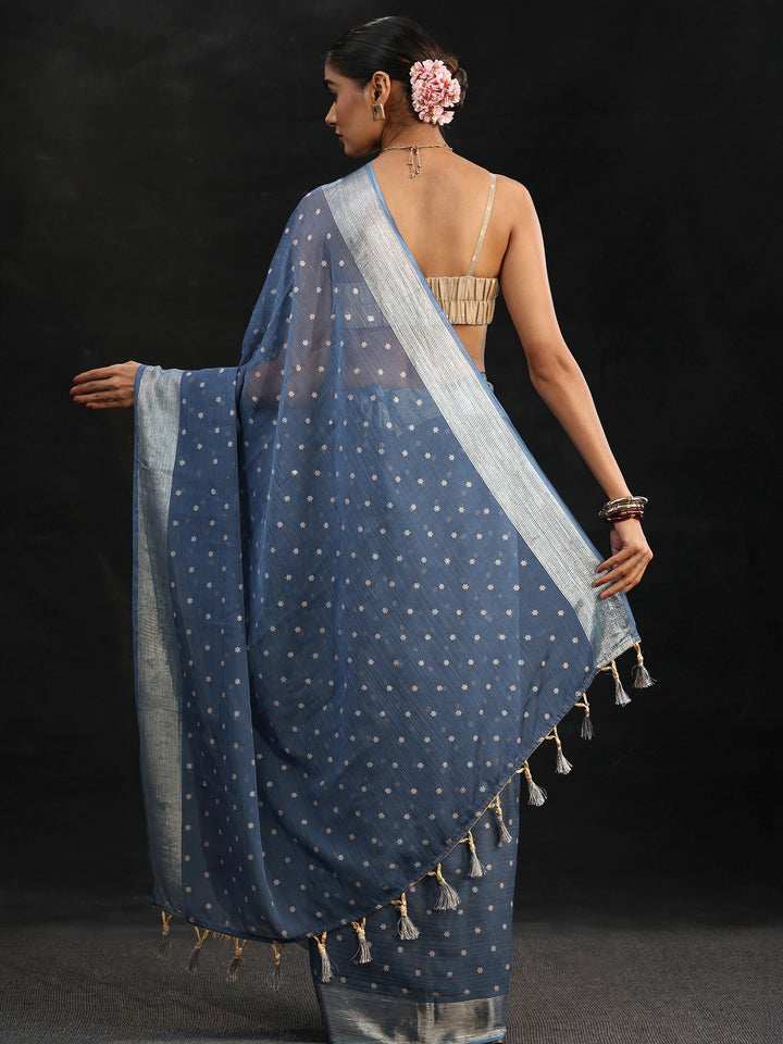 Libas Steel Blue Floral Printed Chiffon Saree