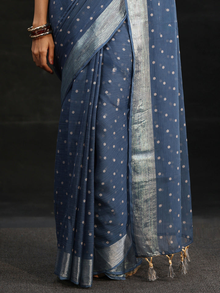 Libas Steel Blue Floral Printed Chiffon Saree