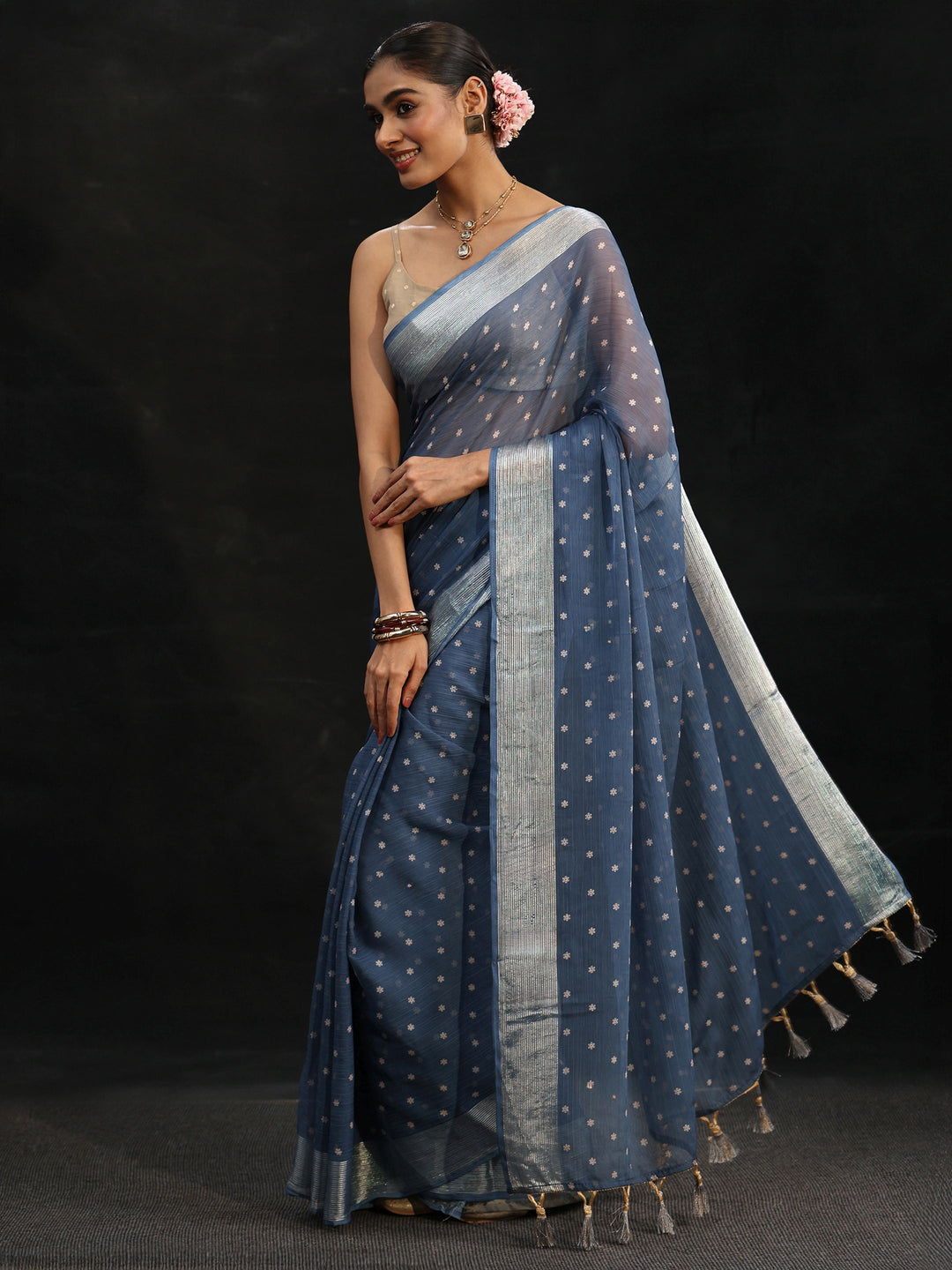 Libas Steel Blue Floral Printed Chiffon Saree