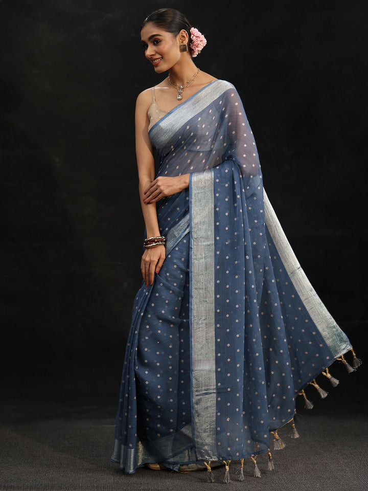 Libas Steel Blue Floral Printed Chiffon Saree