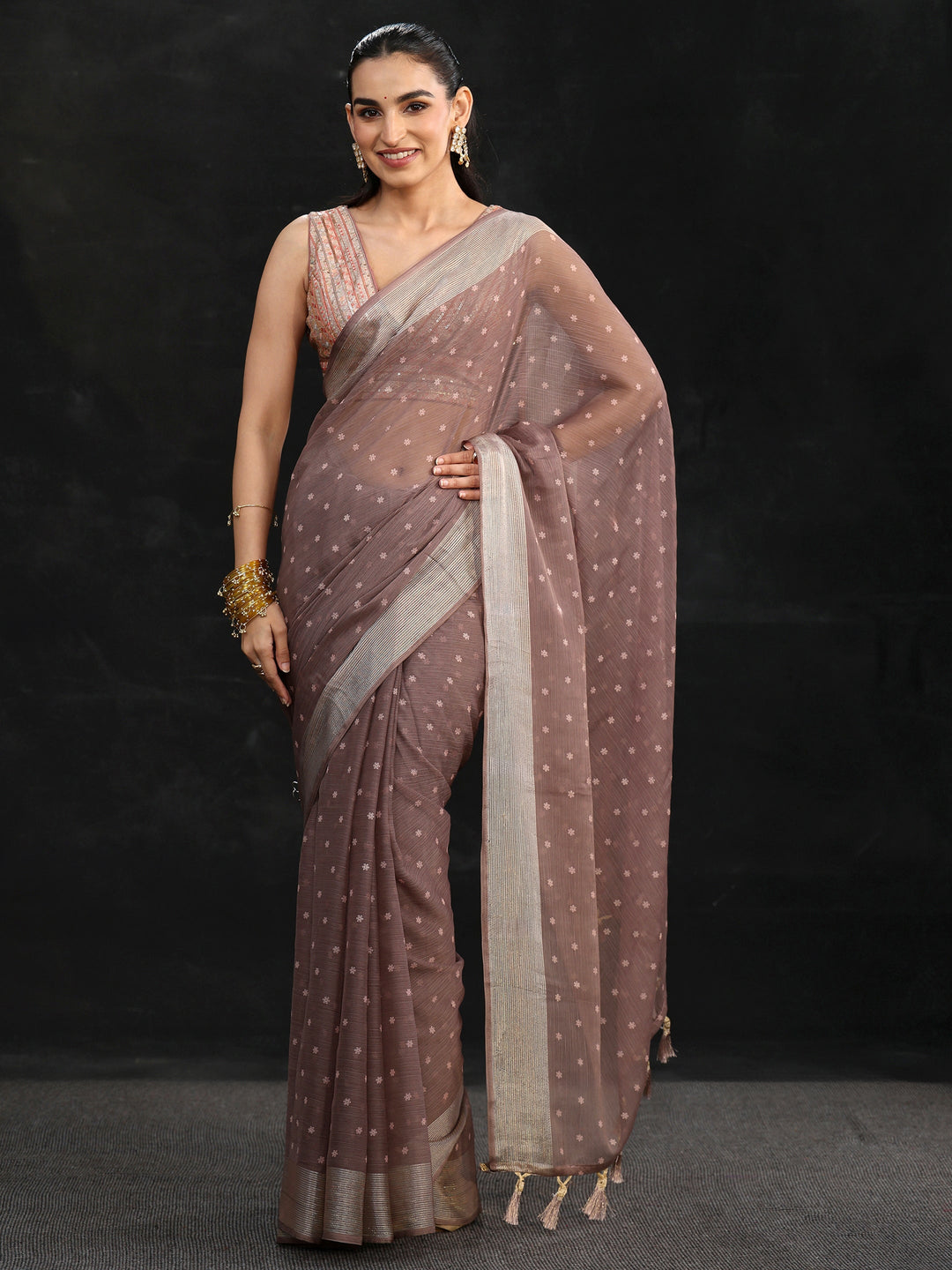 Libas Brown Floral Printed Chiffon Saree