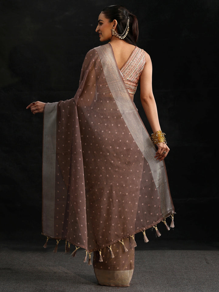 Libas Brown Floral Printed Chiffon Saree