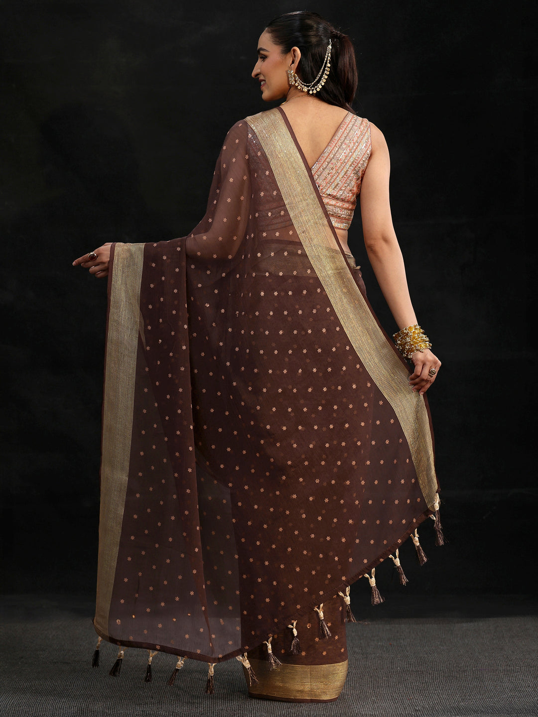 Libas Chocolate Brown Floral Printed Chiffon Saree