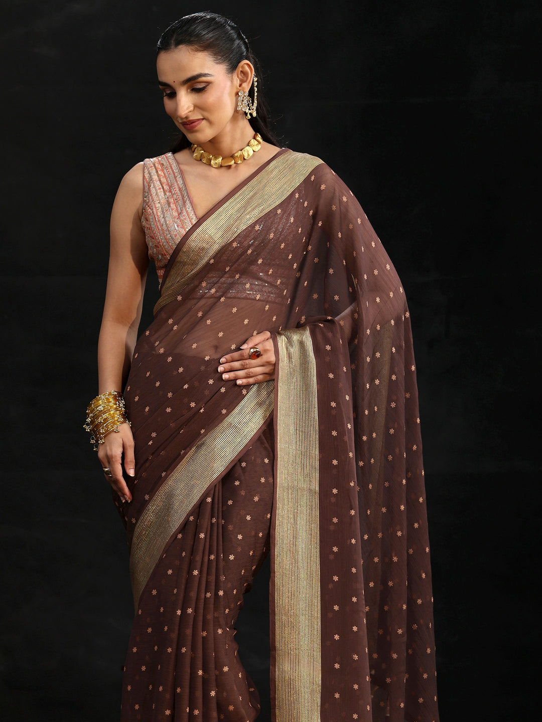 Libas Chocolate Brown Floral Printed Chiffon Saree