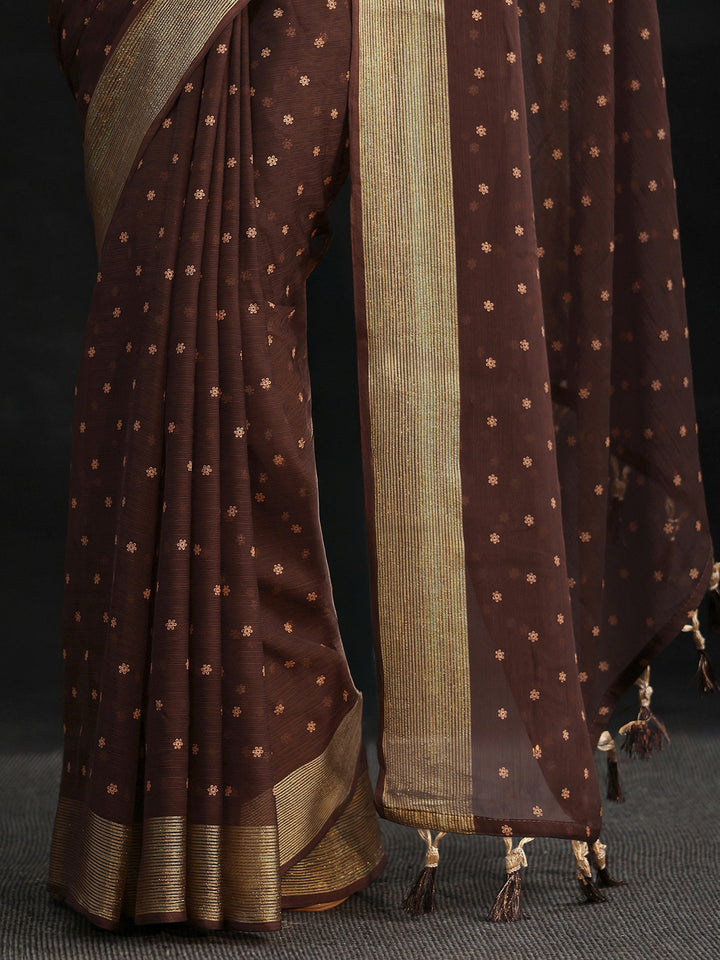 Libas Chocolate Brown Floral Printed Chiffon Saree