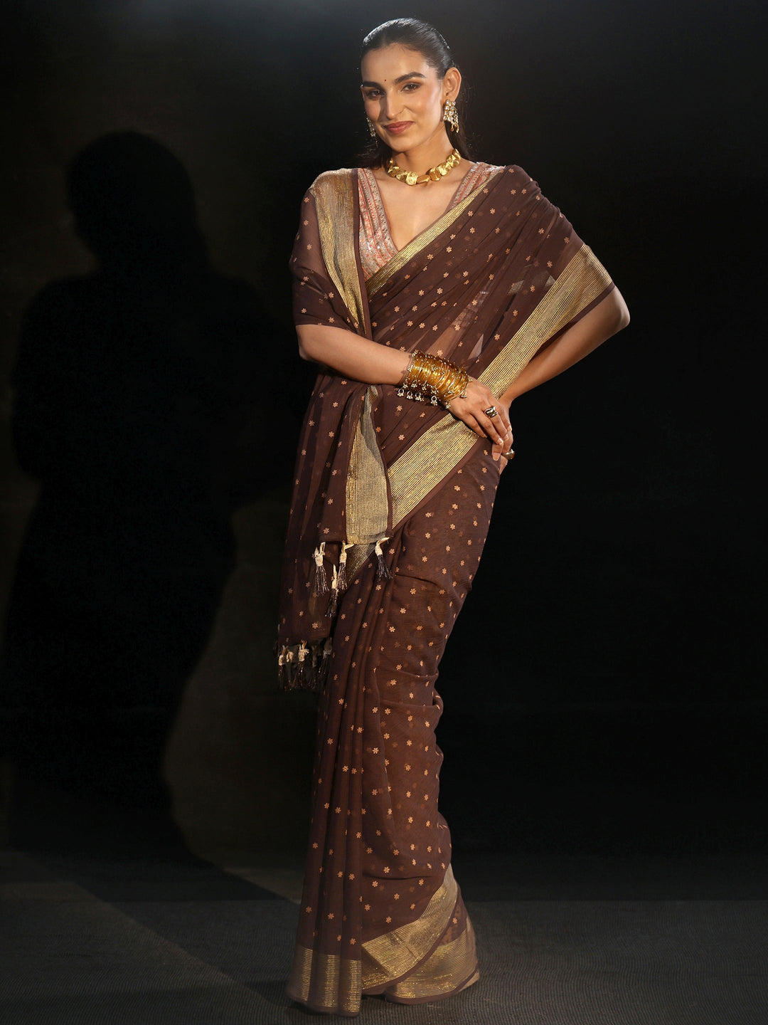 Libas Chocolate Brown Floral Printed Chiffon Saree