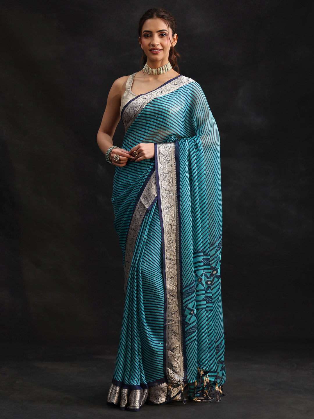 Libas Navy Blue Striped Chiffon Saree with Paisley Border