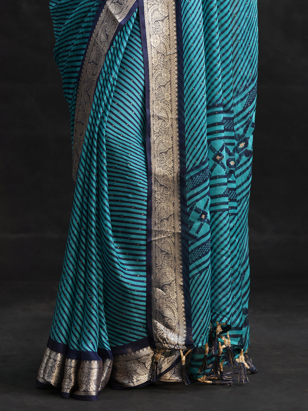 Libas Navy Blue Striped Chiffon Saree with Paisley Border