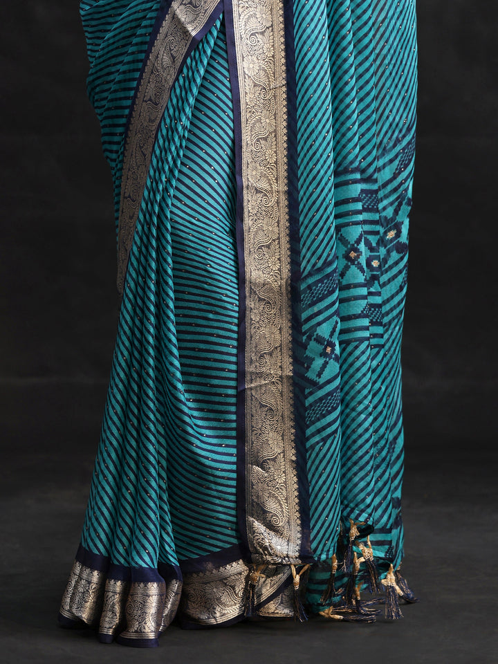 Libas Navy Blue Striped Chiffon Saree with Paisley Border