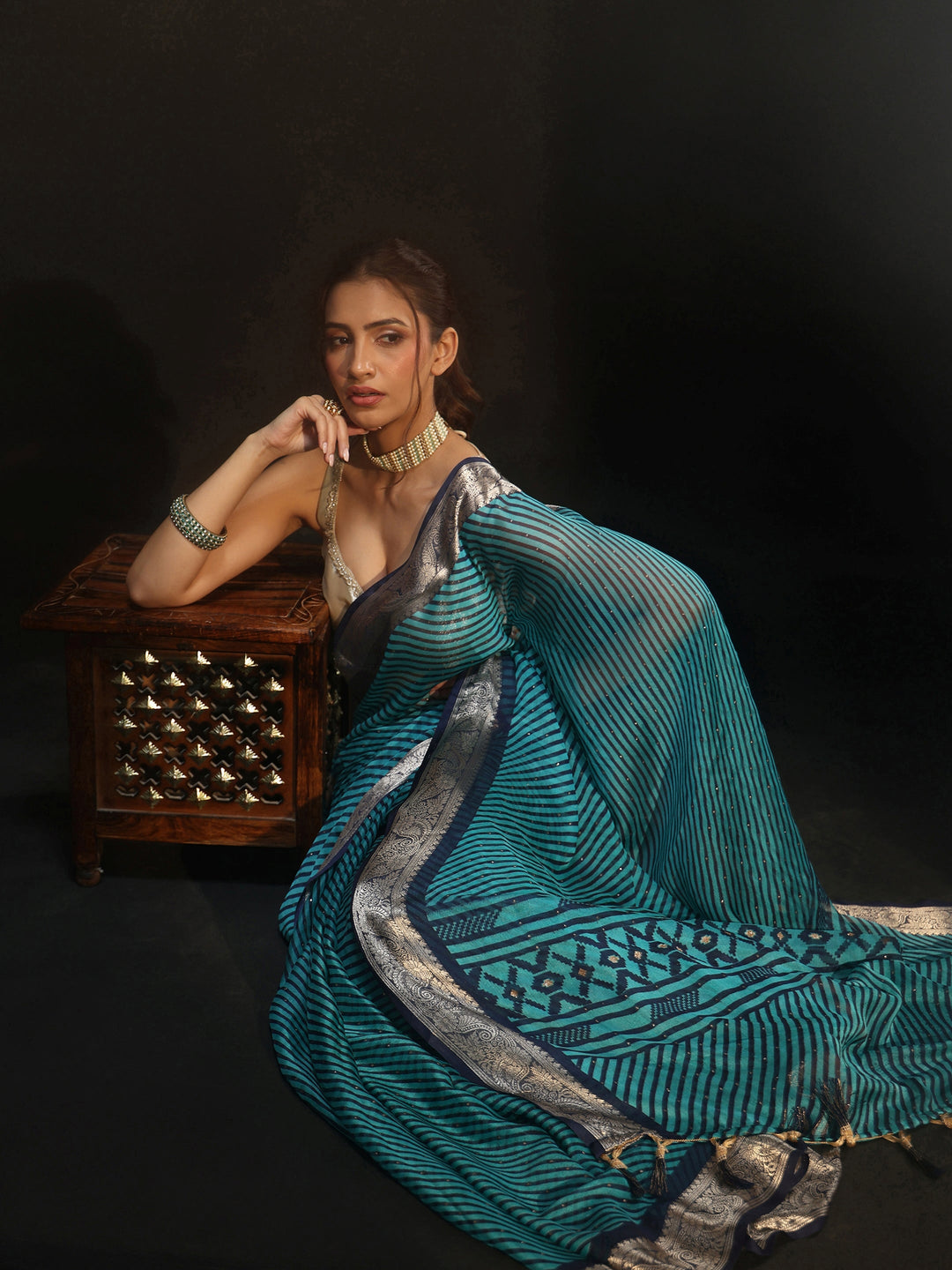 Libas Navy Blue Striped Chiffon Saree with Paisley Border