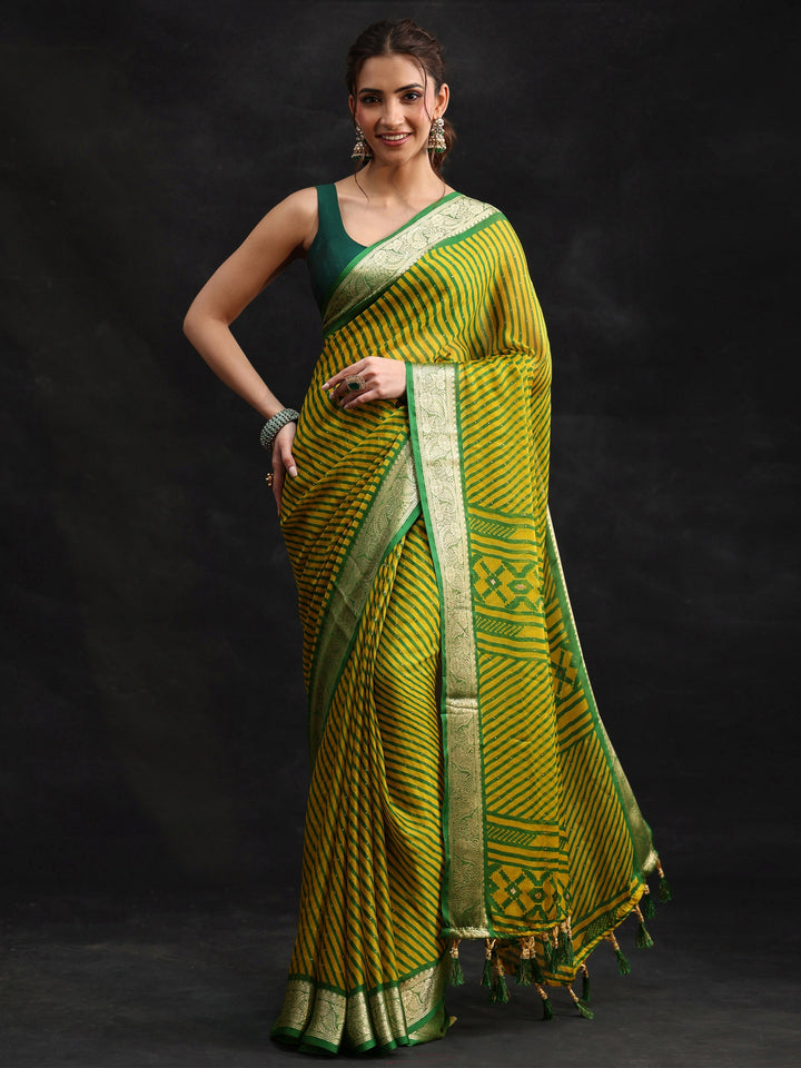 Libas Green Striped Chiffon Saree with Paisley Border