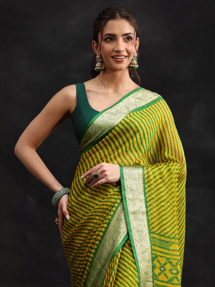 Libas Green Striped Chiffon Saree with Paisley Border