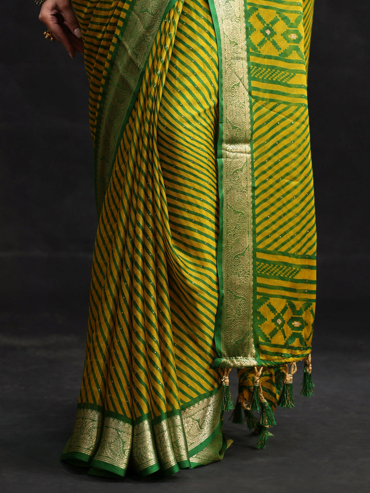 Libas Green Striped Chiffon Saree with Paisley Border