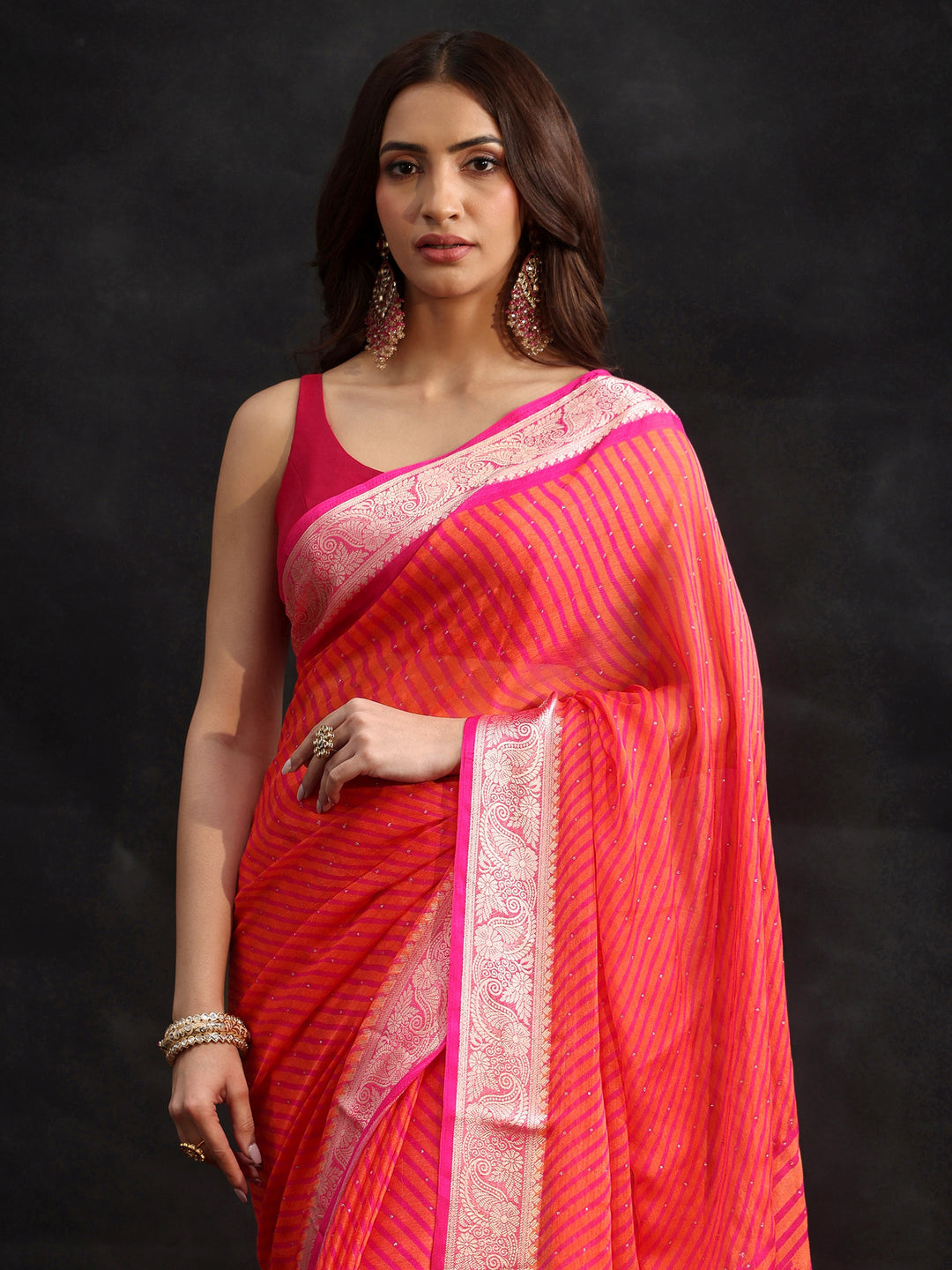 Libas Pink Striped Chiffon Saree with Paisley Border