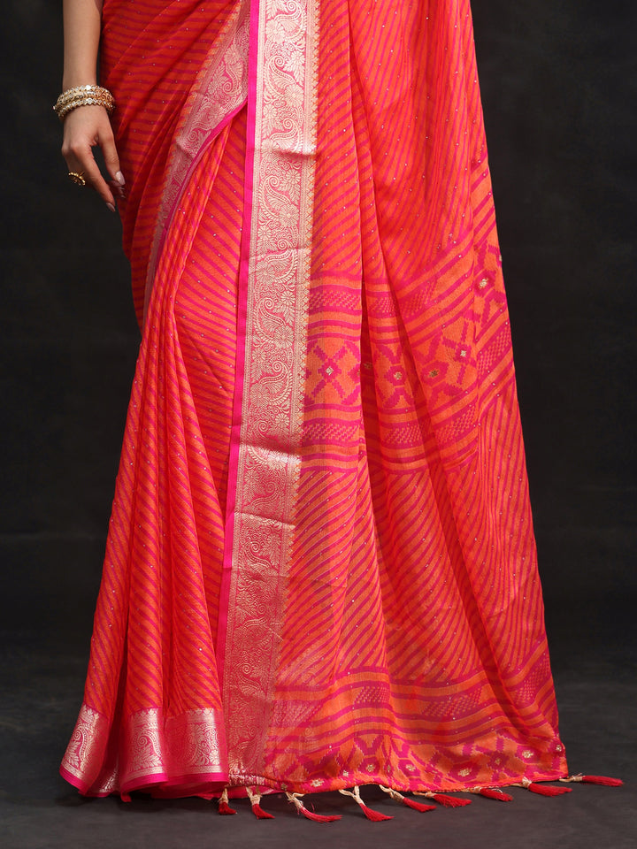Libas Pink Striped Chiffon Saree with Paisley Border