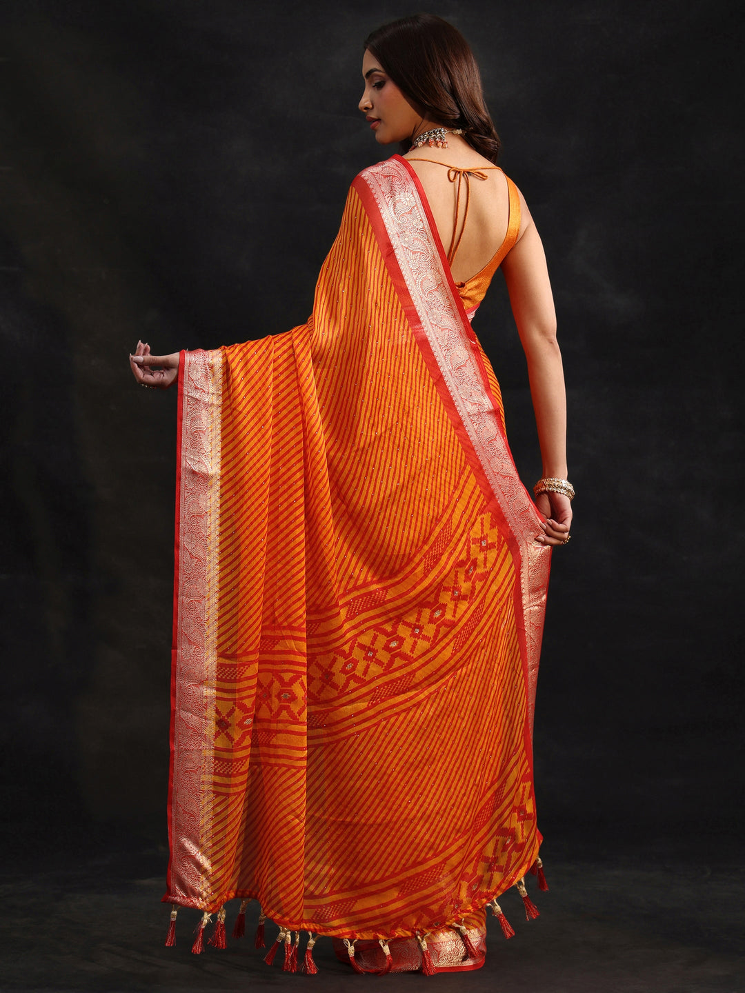 Libas Orange Striped Chiffon Saree with Paisley Border