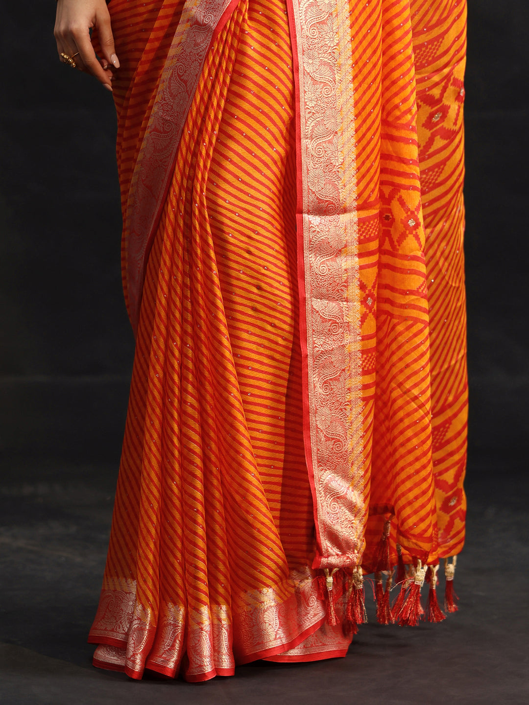 Libas Orange Striped Chiffon Saree with Paisley Border