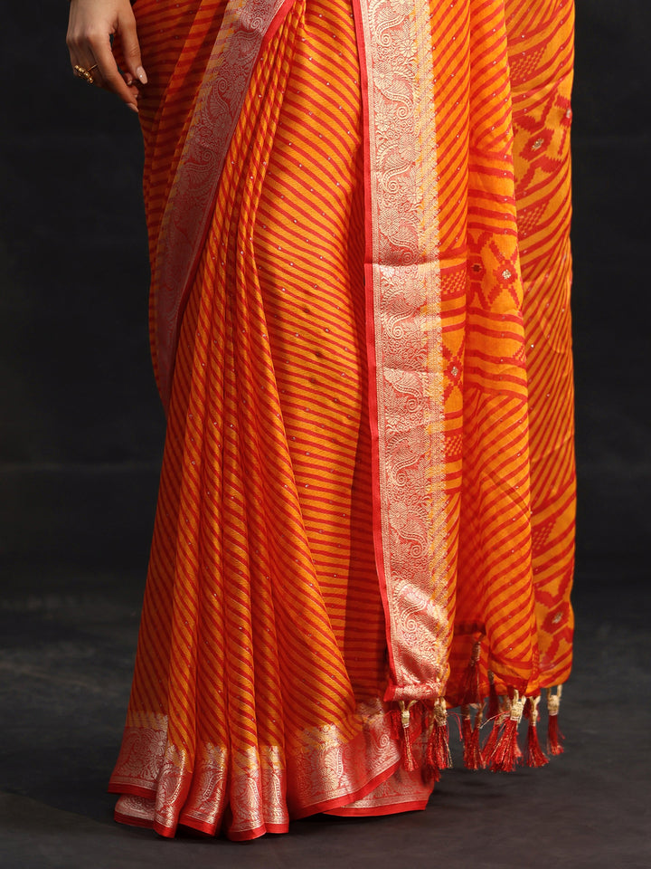 Libas Orange Striped Chiffon Saree with Paisley Border