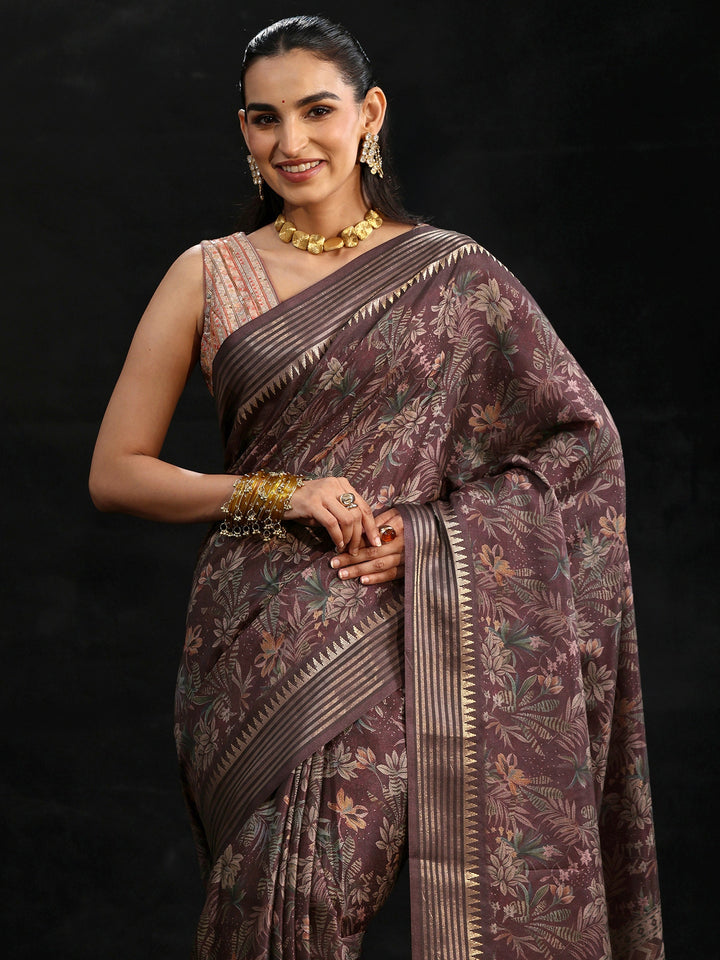 Libas Purple Floral Woven Design Silk Blend Saree