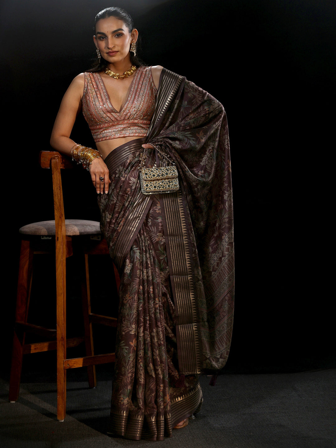 Libas Purple Floral Woven Design Silk Blend Saree