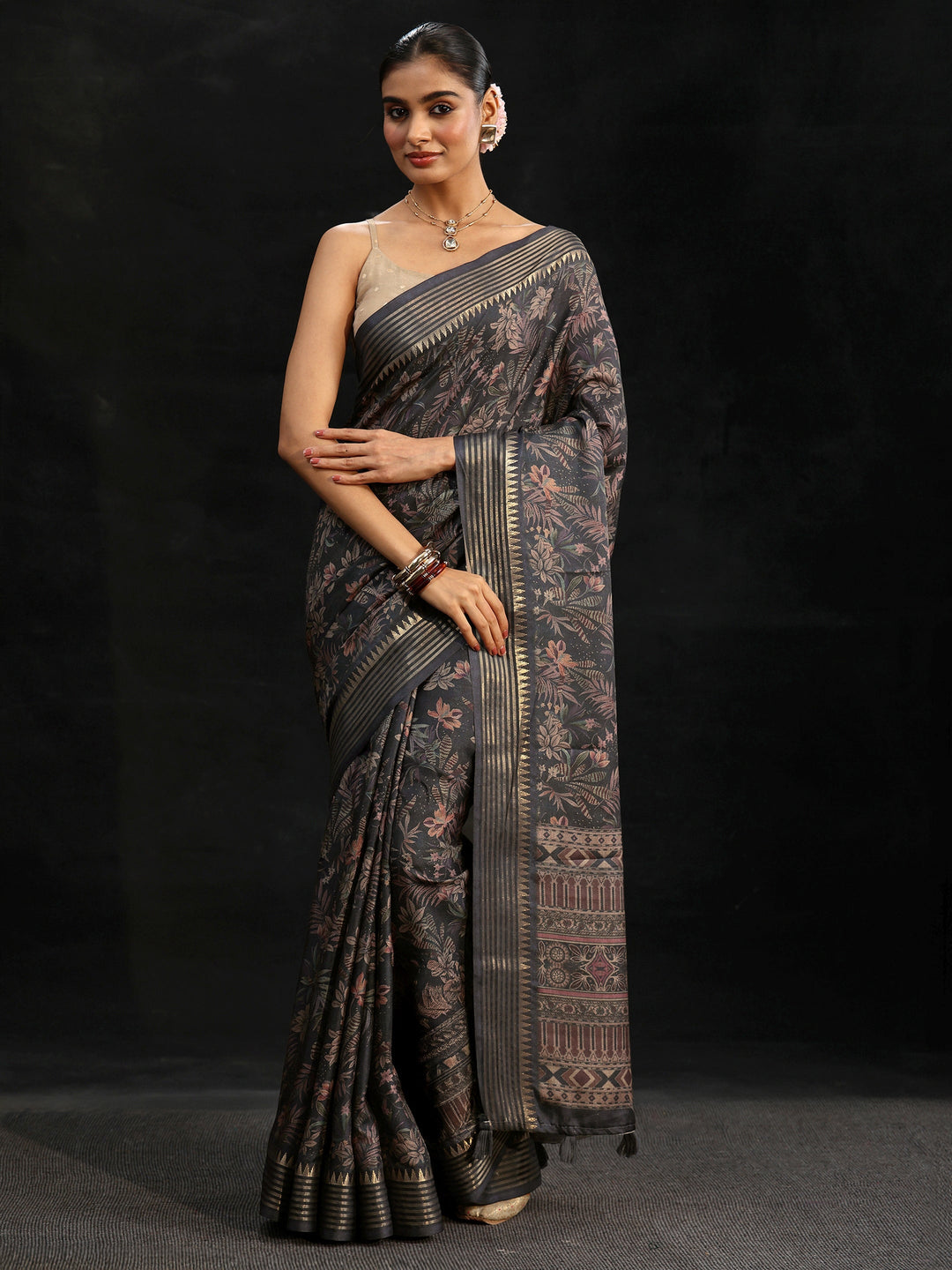 Libas Midnight Blue Floral Woven Design Silk Blend Saree