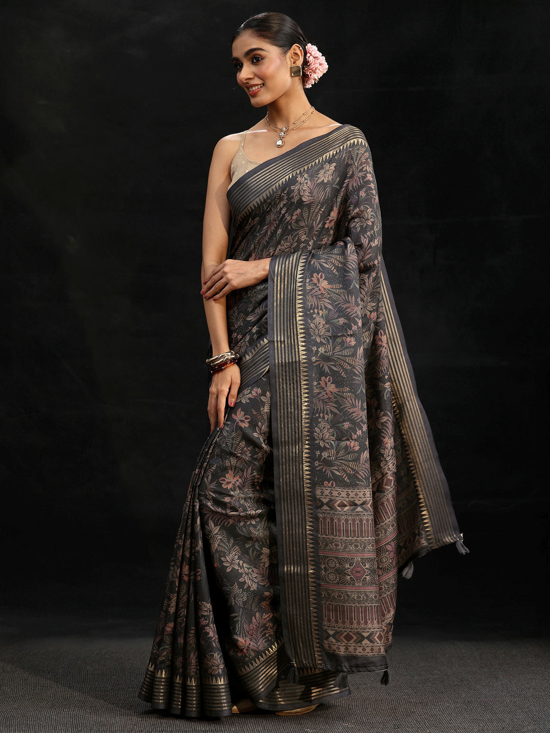 Libas Midnight Blue Floral Woven Design Silk Blend Saree