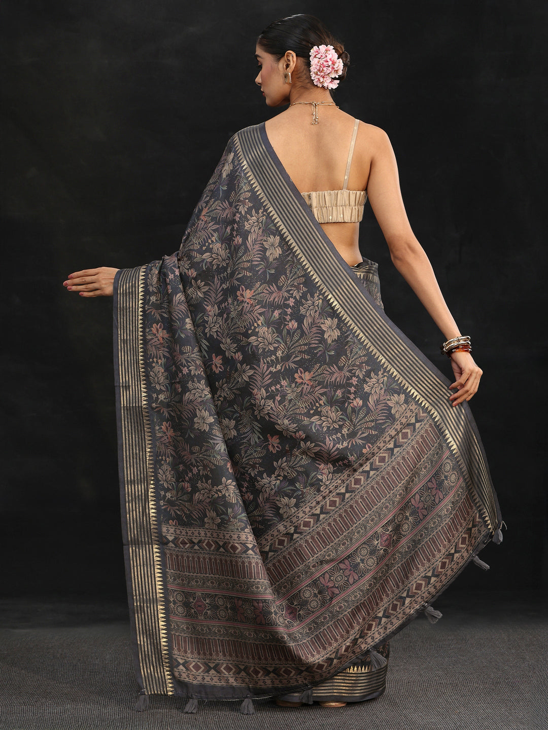 Libas Midnight Blue Floral Woven Design Silk Blend Saree
