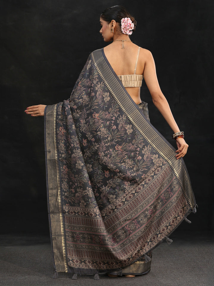 Libas Midnight Blue Floral Woven Design Silk Blend Saree